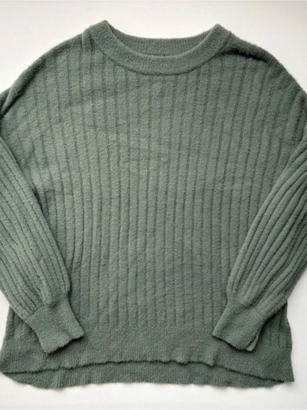 Aerie Fuzzy Ribbed Oversized Crewneck Sweater Green Size M